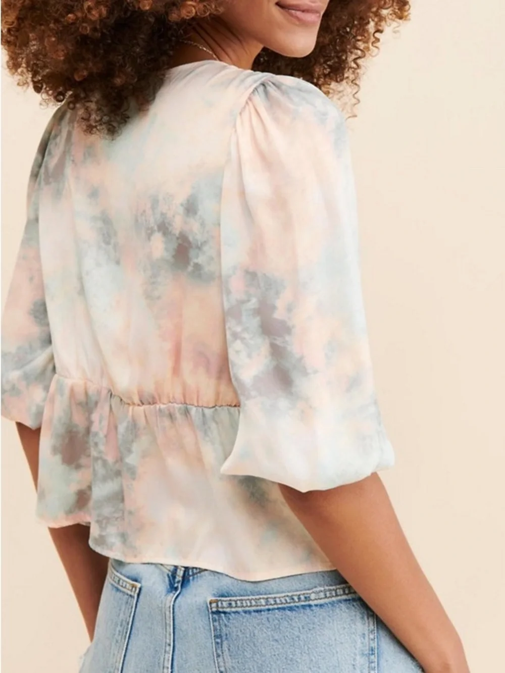 Saltwater Luxe Pastel Tie-Front Blouse – Puff Sleeve V-Neck Top Tie-Dye. Size S - Picture 6 of 8
